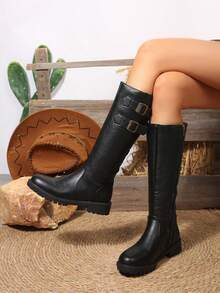 FVPFVP 2024冬季时尚别致黑色马靴，带搭扣装饰，英伦风修身过膝长靴，棕色，女士派对靴