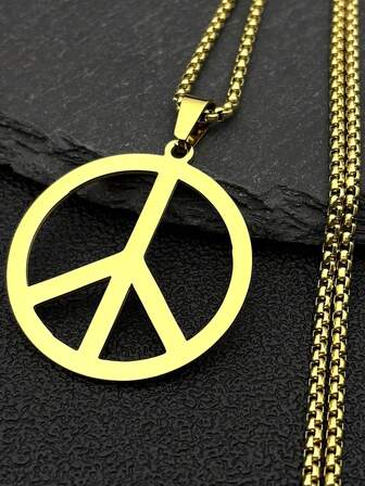 Goth Punk Peace Sign Symbol Pendant Necklace Men Black Color Stainless Steel Peaceful Match Chain