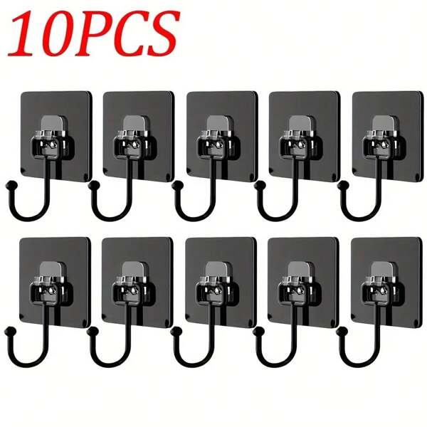 10pcs Black Adhesive Wall Hooks With Rotary Mechanism - Waterproof, Easy To Install, Ideal For Kitchen, Bathroom Storage, Multipurpose For Home & Office, Practical Hooks