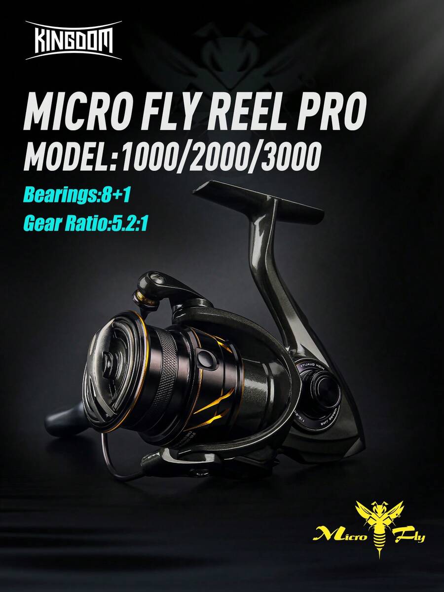 Kingdom Micro Fly Pro Reel Spinning Fishing Reel 160g Utra Light 8+1 Bearings 8KG Max Drag 5.2:1 Gear Ratio Fishing Reel - Black - View 1