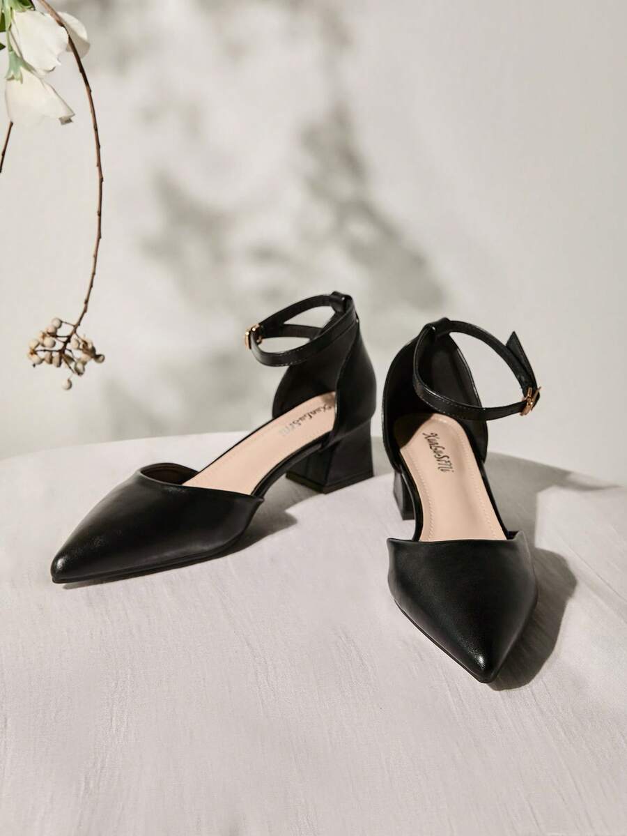 新款时尚女士黑色高跟鞋 - 露趾穆勒鞋、粗跟凉鞋、尖头鞋 圣诞节冬季圣诞礼物 - 黑色 - 查看 1