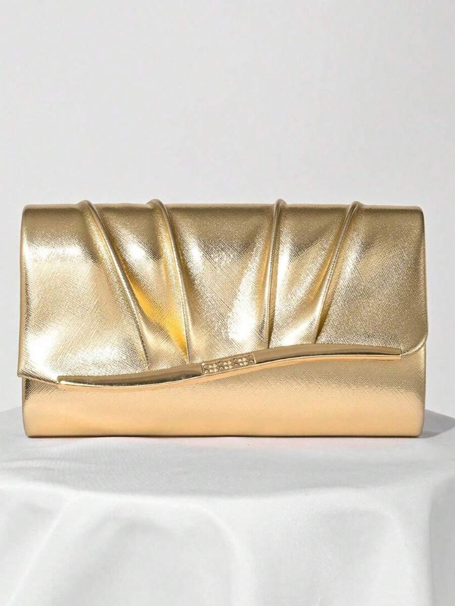 Fashionable Women's PU Pleated Design Evening Clutch Bag, Party/Wedding Shoulder/Crossbody Chain Bag, Perfectly Matching With Prom Accessories - Gold - View 1