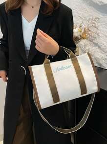 1pc Women's Personalized INS Multi-Functional Canvas Bag, Fashion Versatile Commute Shoulder Bag, Portable Multi-Pocket Storage Bag, Large Capacity Lightweight Tote Bag, Suitable For Moms, Simple Embroidered Messenger Bag, High-Quality Bridesmaid Gift, Suitable For Daily Use, Can Be Given To Family, Friends, Mothers As Mother's Day, Valentine's Day, Nurses Day, Teacher's Day, Christmas, Personalized Birthday Gift,School Supplies,Back To School,School Gift,For Office,For School,For Classroom,For Teacher Gifts,For University,For Colleague,For Dorm Rooms,For Teacher,For Boys And Girls,For Teenagers,Junior High School Students,Middle School Students,High School Senior High School Students,College Students,University Students,Freshman,Sophomore,Underclassmen