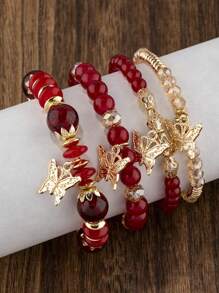 4pcs/Set Bohemian Elegant Delicate Butterfly Charm Beaded Bracelet Set, Suitable For Women's Daily Decoration