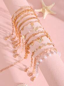 10 件/5 件优雅波西米亚风格人造珍珠、蝴蝶、心形、锆石、几何金脚链套装，适合女性海滩度假、约会、旅行、日常穿着、音乐节礼物 - 金色 - 查看 1