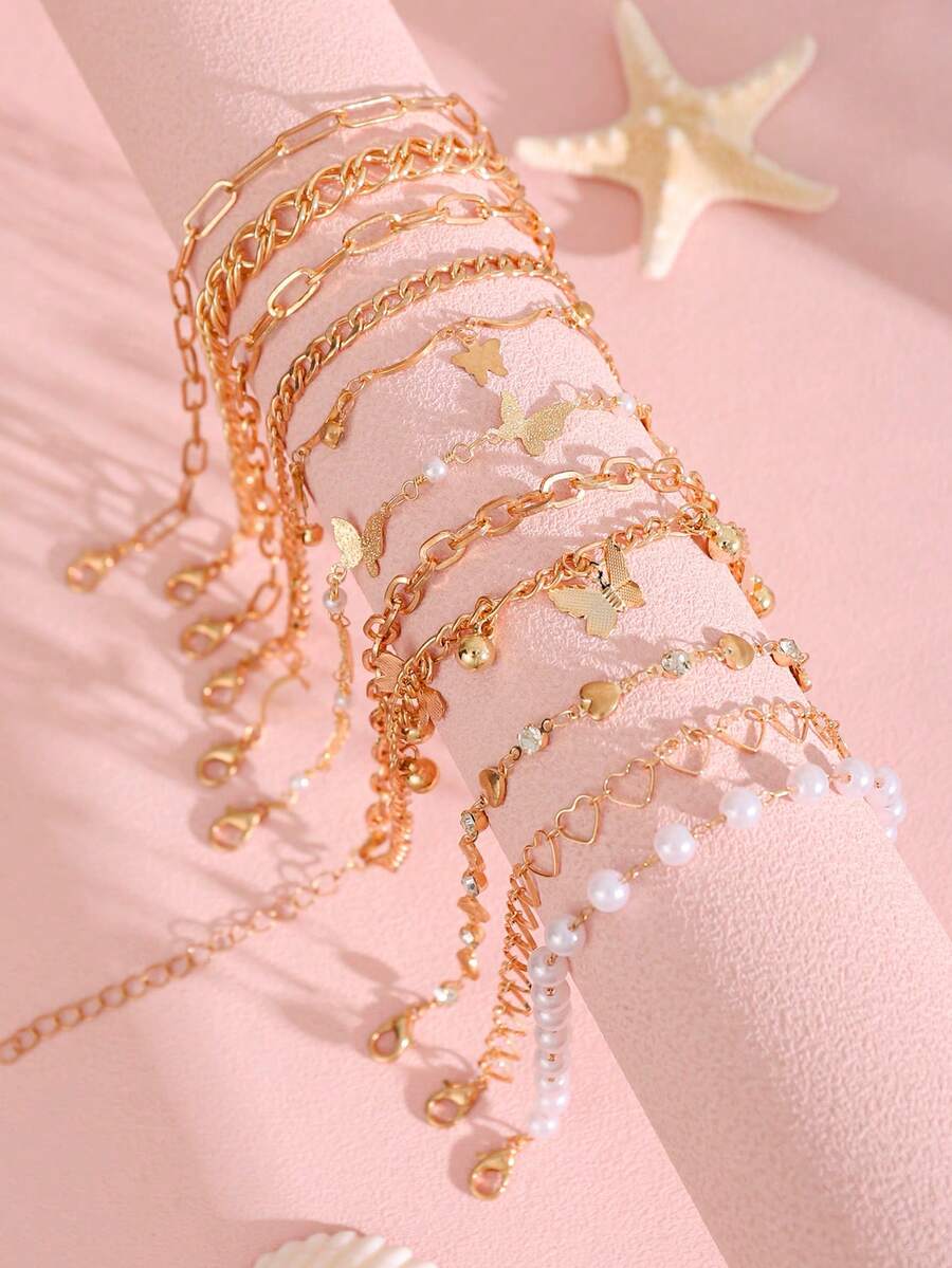 10 件/5 件优雅波西米亚风格人造珍珠、蝴蝶、心形、锆石、几何金脚链套装，适合女性海滩度假、约会、旅行、日常穿着、音乐节礼物 - 金色 - 查看 1