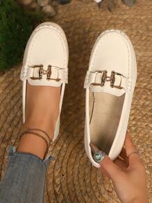 Plus Size Lightweight Slip-On Casual Loafers, Handmade Lace, Metal Buckle Accents, Soft Sole, Sweet Daily Wear Flats For Women, Spring/Autumn, Apricot