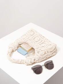 Floral Hollow Crochet Handmade Woven Handbag, Crochel Set, Bohemian Straw Beach Bag, Travel Essentials, Women Vacation Outfits (Pattern Random) , Bohemian Outfit For Women , Beach Bag , Summer - Apricot - View 6