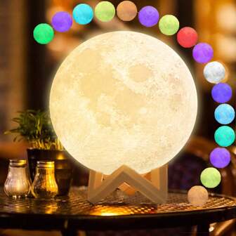 1 pezzo Lampada a forma di luna, Luce notturna a 3D con base in legno, Luci notturne multicolori per casa, Decorazione per scrivania, Decorazione camera da letto bambini, Adatto come regalo per bambini