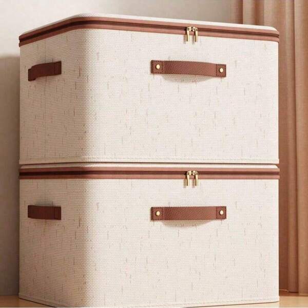 1/2 Pakken Opbergbakken met Ritsdeksel, Stoffen Opbergmanden met Deksel, Opvouwbare Wasbare Kastplank, Kledingorganizer, Container met Handgrepen (Beige)