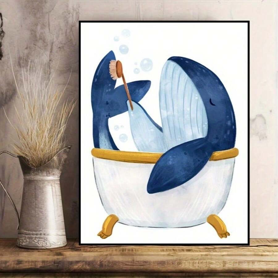 1pc Nghệ thuật trang trí tường hình cá voi kỳ quái trong bồn tắm cho phòng tắm, phòng ngủ, phòng khách, nhà bếp, khách sạn, quán cà phê, văn phòng Trang trí phòng hoàn hảo Thiết kế vui tươi Màu sắc sống động, Quà tặng trang trí cá voi Khung tùy chọn - Nhiều màu - Xem 1