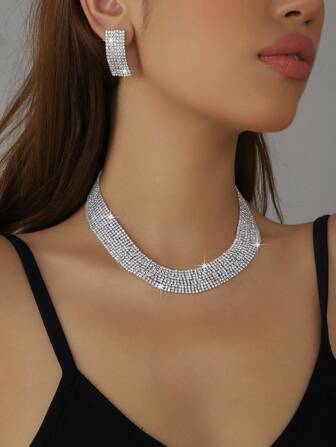 3 st lyxigt halsband och örhängen med strass, geometriskt hänge, lämpligt för studentpar, brud, daglig pendling, utsökta och mångsidiga smycken