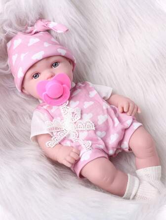 DOLL MEET One Piece 12.6 Inches Newreborn Baby Doll Pink Cloud Pattern Clothes Vinyl Body 32cm Realistic Reborn Baby Dolls With Fashion Stocking & Hat, Perfect Birthday Gift For Girls 3+