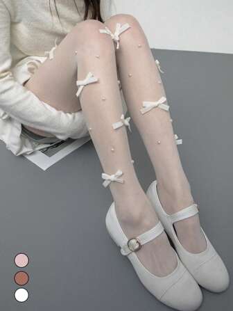1 Pair Women's Faux Pearl Pantyhose, Bowknot Tights, Anti-Snag Leggings, Women's Stockings, Sheer Pantyhose