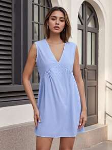 Summer Outfits For Women Summer Mini Tank Dress Sleeveless Deep V Neck  Floral Eyelet Beach Dress - Blue - View 8