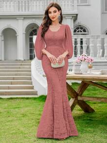 MIUSOL Deep V-Neck Full Floral Lace Mermaid Hem Formal Party Maxi Dress, Elegant Party Dress For Women, Formal Evening Gown, Wedding Dress, Bride - Dusty Pink - View 2