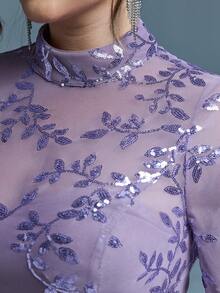 Mgiacy,New Arrival,Stand-Up Collar,Sequin,Noble,Plus Size Evening Gown Dress,Perspective,Belt,Lantern Sleeve,Bodycon,Mermaid Hem Dress - 紫色 - 查看 8