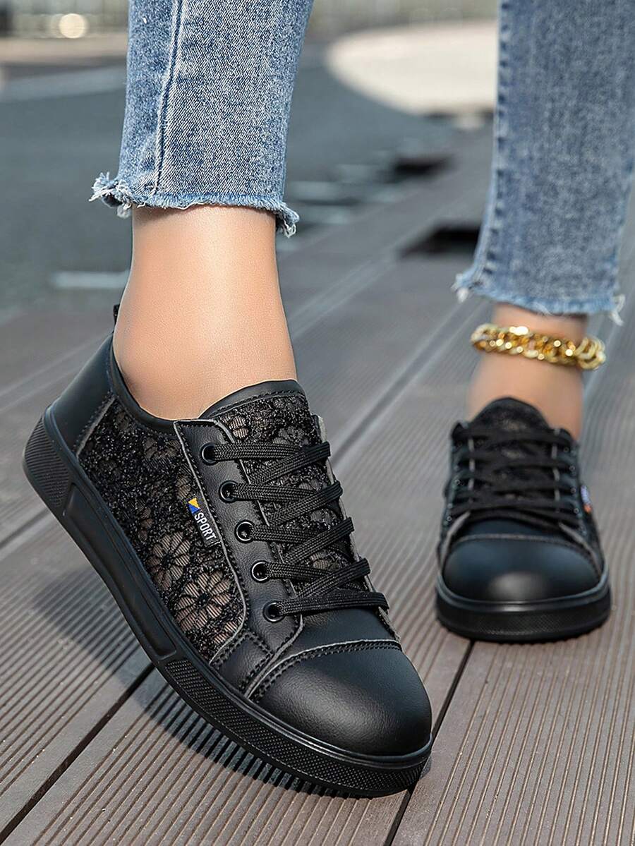 Summer Mesh Breathable Shoes, Hollow Out Black Nurse Shoes, Women's Casual Sports Shoes, Mesh Lace Sneakers, Student Flat Shoes, Fashion Lace-Up Travel Shoes - Black - View 1