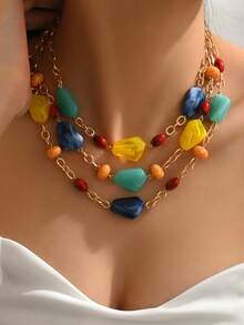 1件时尚优雅的波西米亚风格金链复古银玫瑰心形吊坠，仿珍珠串珠，琥珀色仿玉树脂块DIY手工多层项链，适合女士佩戴。全新2026数字多层项链吊坠，适合追求完美的女士，适合休闲、派对或度假时佩戴。树脂块颜色多样，仿玉石质感，每块都拥有独特的色彩。 - 彩色 - 查看 2