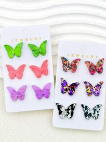 3 pares de aretes tipo mariposa de acrílico en colores brillantes surtidos, con un toque de brillo, apropiados como regalo para mujeres jóvenes y parejas