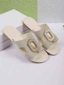 Sandalias planas tipo diapositiva mate vintage con hebilla de metal, versátiles y casuales para la playa o vacaciones, apropiadas para adolescentes y mujeres, de verano