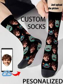1 Pair Of Customized Crew Socks,Custom Face Socks, Couple Socks,Custom Photo Sock, Custom Printed Socks, Personalized Funny Face Socks, Custom Picture Socks, Put Any Face On The Socks, Anniversary Gift, Valentine Gift, Birthday Gift - Multicolor - View 2