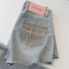 アメリカンレトロローエッジハイウエストストレートデニムショートパンツ女性用夏スタイル刺繍ホットガールワードワイドレッグホットパンツ - ブルー - チェックする 2