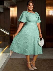 Women Plus Size Rose Jacquard Flared Puff Sleeve A-Line Graduation Dress, Suitable For Commuting, Elegant Cocktail Semi Formal Prom Dress, For Birthday, Wedding Guest, Graduation, Dinner, Homecoming