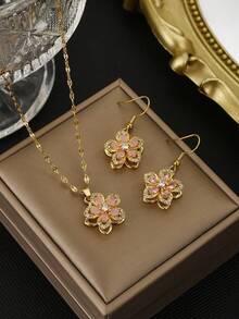 1pc Fashionable Cubic Zirconia 5-Petal Flower Stainless Steel Necklace, 1 Pair Fashionable Cubic Zirconia 5-Petal Flower Stainless Steel Earrings, Gold Necklace, Gold Earrings, Gift For Women, Suitable For Summer Daily Wear, Party, Women Accessories - Five-petal Flower Set - View 12