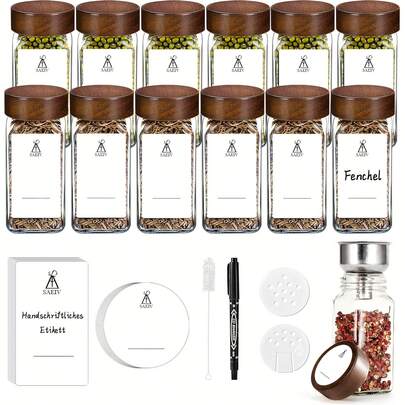 SAEIV Set med fyrkantiga kryddburkar (med lock): 12 kryddburkar (med kryddetiketter): den perfekta organisatören för kökskryddor: 120 ml burkar: inklusive tratt, etiketter, rengöringsborste och sil