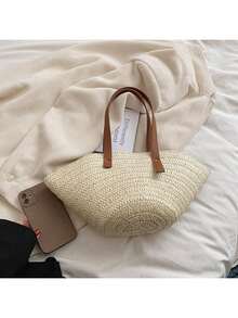 Large Women's Handbag New Simple Tote Bag, Casual Shoulder Bag Suitable For Shopping, Vacation, Straw Beach Bag, Fashion Travel Tote, Summer Outfits - Beige - View 9