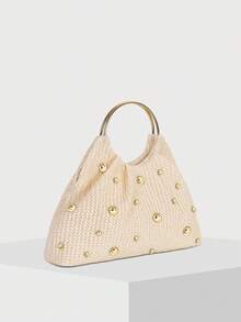 时尚女士手提包，铆钉装饰，褶皱草编包，编织钱包，夏季顶部提手包 - 米色 - 查看 3