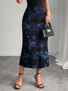Falda evasé informal con estampado floral y volante en el bajo para mujeres