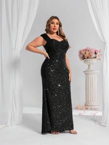 CHOSMO Große Größen neue Sommer Pailletten Hochzeit Frauenkleider, wunderschöne elegante Abendkleider, schlanke Taille lang Frauenkleider, formell, Partykleid, Abendkleid, für Abend, Hochzeitsgast - Schwarz - Übersicht 3