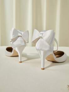 Spring/Autumn White Satin Bow Pointy Toe T-Strap High Heel Shoes For Women Valentines Winter Gifts - White - View 11