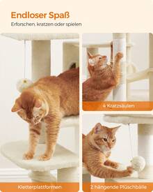 Kratzbaum, 112 cm hoch, Katzenbaum, mehrstöckiges Katzenhaus, mit 4 Kratzsäulen, 2 Plattformen, Hängematte, Höhle, beige - Beige - Übersicht 6
