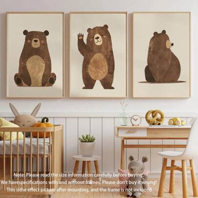 Set de 3 piezas Decoración de pared para guardería con osos lindos: Decoración de habitación de bebé con tema de bosque, oso marrón pintado a mano y patrón sonrojado - Arte de pared para guardería de estilo nórdico unisex
