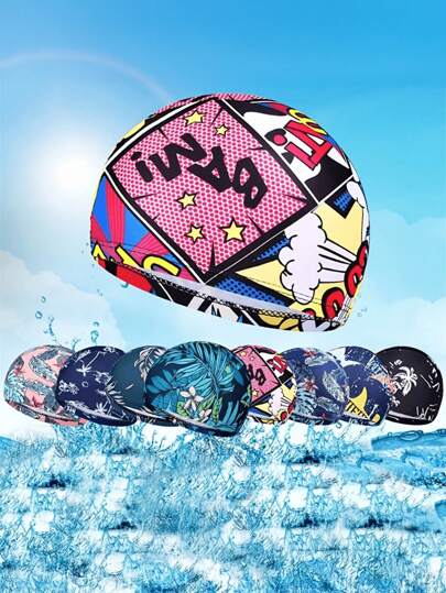 1pc Uplifting Tropical Print Swim Cap - Stretchable Nylon For Long Hair, For Men And Women, Pool And Beach Essentials, Beach Accessories | Shocking Swim Cap | Polyester Blend Cap, Swim Cap, Pool Float