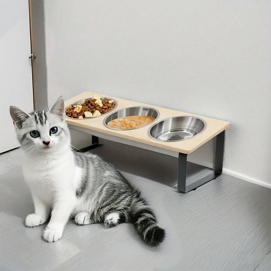 Bát ăn nâng cao cho thú cưng với 3 bát bằng thép không gỉ, thiết kế nghiêng 15° để ngăn nôn mửa, bát đựng thức ăn và nước phù hợp cho mèo và chó nhỏ