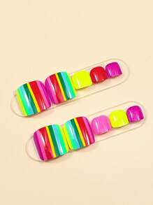 24 sztuki Summer Rainbow Stripe Fake Nail Art Short Square Toe Press On Nails Set
