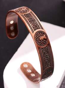 1 pieza Conjunto de brazalete magnético y anillo con diseño de flor vintage, para proteger la salud y prevenir lesiones, brazalete magnético ajustable de cobre antiguo enchapado para hombres y mujeres