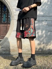 男士刺绣图案短裤，带口袋，夏季休闲抽绳短裤，尺码略偏小，适合夏季户外和海滩休闲穿着，是馈赠佳品。 - 黑色 - 查看 4