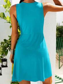 Women's V Neck Front Knotted Sleeveless Tank Dress Summer Solid Casual A Line Dress - 湖藍色 - 查看 4