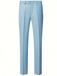 Set de 2 piezas Traje de negocios slim fit de color liso y elástico para hombres, que incluye blazer doble botonadura y pantalones, conjunto formal de trabajo - Celeste - Ver 5