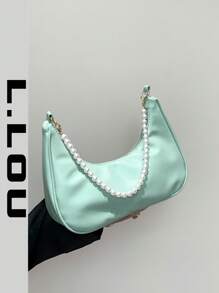 Bolso de hombro en forma de media luna con cadena de perlas, elegante bolso bandolera, bolso de mano mini, bolso casual para exteriores, versátil bolso para viajes