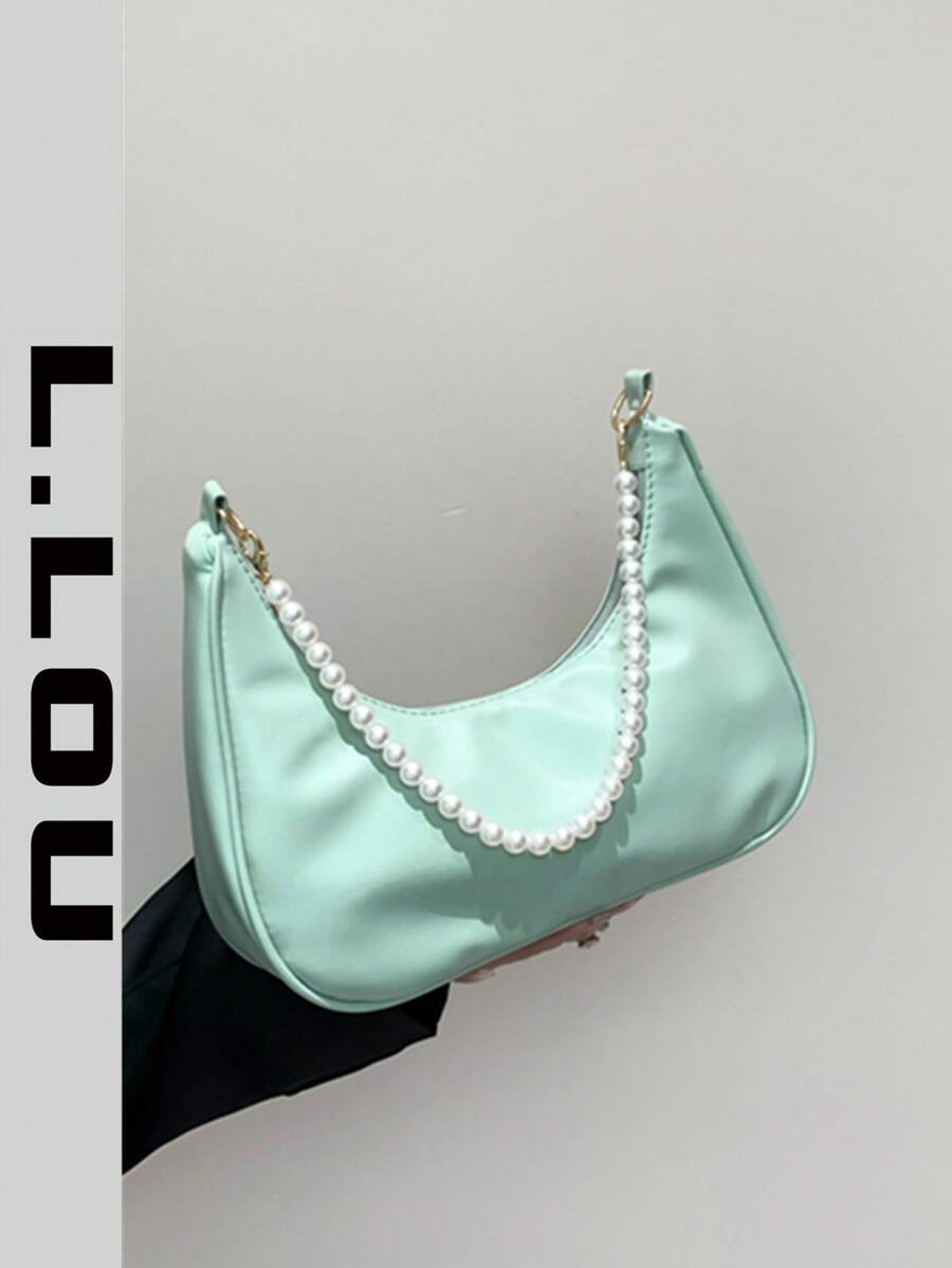 Bolso de hombro en forma de media luna con cadena de perlas, elegante bolso bandolera, bolso de mano mini, bolso casual para exteriores, versátil bolso para viajes