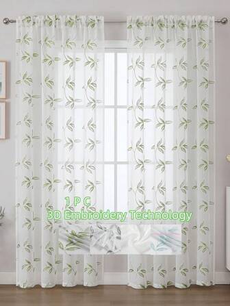 1 pieza Cortina transparente blanca con patrón floral bordado en verde, adecuada para dormitorio, sala de estar, comedor, cocina, fiesta