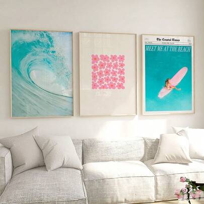 1/3 件套墙壁艺术海报/现代风格海滩墙壁艺术印刷品 3 件套，冲浪女孩粉色板，花朵，海浪，报纸，数码打印，海浪，宿舍房间装饰，可打印艺术，家居装饰，无框和有框