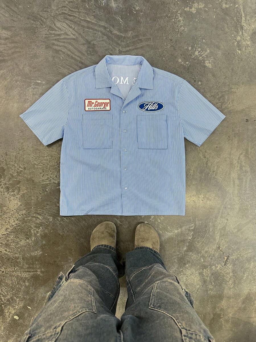 男士休闲条纹标语印花短袖衬衫，夏季