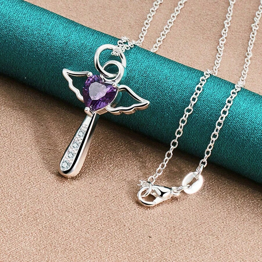 925 纯银镀紫色 AAAAA 锆石天使十字架 16-30 英寸吊坠项链 女士婚礼派对饰品 - 銀色 - 查看 1